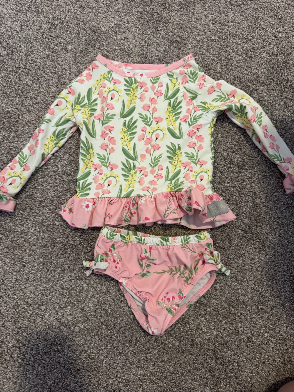 Eleanor Rose Girls Floral Long-Sleeve Rash Guard Swim Set in Pink and Green